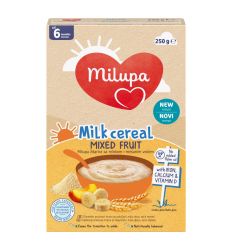 Milupa mlečna instant kaša mešano voće sa mlekom za odojčad, sa uravnoteženom prehrambenom vrednošću i optimalnom količinom vitamina i minerala.