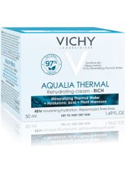 Vichy AQUALIA THERMAL 50ml bogata dnevna krema za negu lica koja hidrira kožu, namenjena za suvu do veoma suvu kožu. Hipoalergena, dermatološki ispitana.