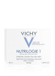 Vichy Nutrilogie 1, 50 ml za negu lica, krema za suvu kožu. Obogaćena termalnom vodom Vichy koja kožu umiruje, jača i obnavlja. 24-časovna hidratacija.