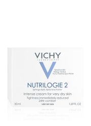 Vichy Nutrilogie 2, 50 ml za dubinsku negu lica, krema za vrlo suvu kožu. Obogaćena termalnom vodom Vichy koja kožu umiruje, jača i obnavlja. 24 h hidratacije.