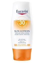 Eucerin SUN,150ml losion za osetljivu kožu SPF30, za negu kože tela, štiti od UVA i UVB zračenja. Brzo se upija, vodootporan i može ga koristiti cela porodica.