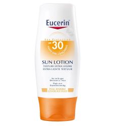 Eucerin SUN,150ml losion za osetljivu kožu SPF30, za negu kože tela, štiti od UVA i UVB zračenja. Brzo se upija, vodootporan i može ga koristiti cela porodica.