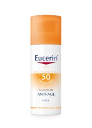 Eucerin SUN anti-age fluid SPF50+ za lice 50ml, za sve tipove kože. Zaštita kože lica i dekoltea od sunca. Štiti od štetnih UVA i UVB zraka.