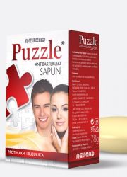 Puzzle antibakteriski sapun 78gr, za negu lica, koji temeljno i dubinski čisti mladalačku masnu i problematičnu kožu lica sklonu pojavi akni i bubuljica.