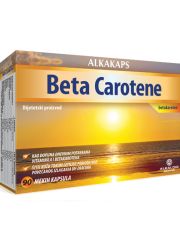 Alkakaps Beta Carotene 90 kapsula dodatak ishrani koji se u telu pretvara u vitamin A, važan za dobar vid, rast i razvoj. Namenjen  za pripremu kože za sunčanje