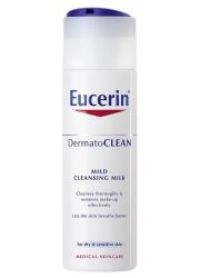 Eucerin DermatoClean 200ml blago mleko za negu i čišćenje namenjeno za suvu i osetljivu kožu lica. Detaljno uklanja nečistoće sa kože uključujući i šminku.