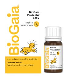 BioGaia ProTectis su kapi sa vitaminom D3 na bazi korisnih bakterija Lactobacillus reuteri sa dodatkom vitamina D3 i mogu se koristiti od prvog dana rođenja - grčevi kod bebe