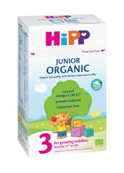 HIPP Organic 3 Junior, adaptirano mleko, namenjeno za bebe od 12 meseca života, sadrži proteine bez glutena, sa prirodnim kalcijumom.