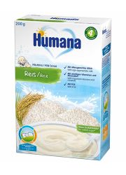 Humana mlečna instant kaša - pirinač, za bebe nakon 4. meseca, bez dodatog šećera sa  vitaminom A, C,  D i cinkom, kalcijumom i gvožđem. 