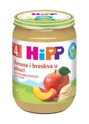 Hipp kaša Banana i breskva u jabuci, u pakovanju od 190g, namenjena za bebe uzrasta nakon navršenog 4. meseca i malu decu.