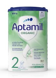 Aptamil 2 Organic 800g organsko adaptirano mleko za bebe namenjeno za uzrast od navršenih 6 meseci života, sa biljnim uljima, ali bez palminog ulja.