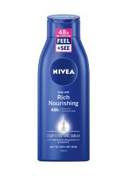 Nivea mleko za telo Rich Nourishing 400ml sa bademovim uljem, intenzino hrani i hidrira suvu i veoma suvu kožu tela. Pruža 48 sati intezivne hidratacije.