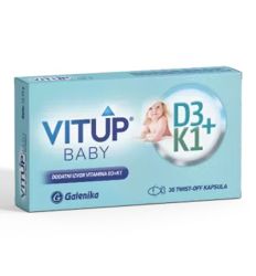 Vitup Baby twist-off kapsule sa vit. D3 i K1 za novorođenčad od 8.dana do navršena 3 meseca života. Za pravilan razvoj i imunitet deteta i koagulaciju krvi.