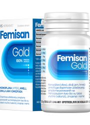 Femisan Gold preparat za menopauzu na biljnoj bazi. U reproduktivnom periodu doprinosi normalizaciji neredovnih ciklusa i ublažava simptome PMS-a.