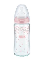 NUK staklena flašica First Choise + sa silikonskom cuclom 0-6m 240ml