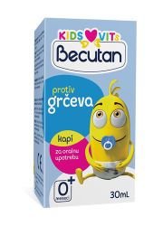 Becutan Kids VitS kapi protiv grčeva 30ml, namenjene za bebe i decu od rođenja, se koriste za tretman nadutosti i grčeva kod beba i dece.