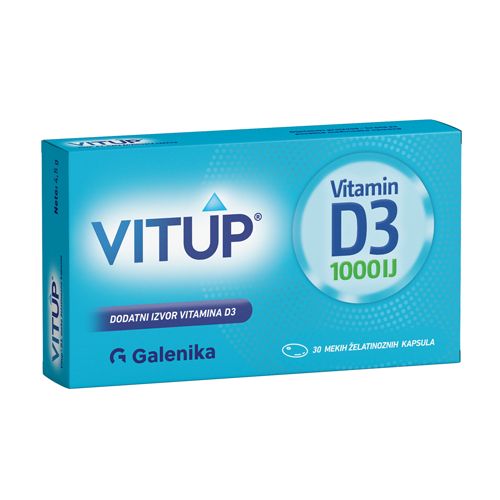 Vitup Vitamin D3 1000IJ se preporučuje osobama 65+ godina sa hipovitaminozom vitamina D, kod osoba sa oslabljenim i poremećenim imunitetom.