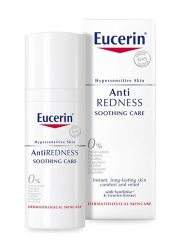 Eucerin AntiRedness 50ml, dnevna krema protiv crvenila namenjena je dnevnoj nezi preosetljive kože lica sa rozaceom i/ili kuperozom.