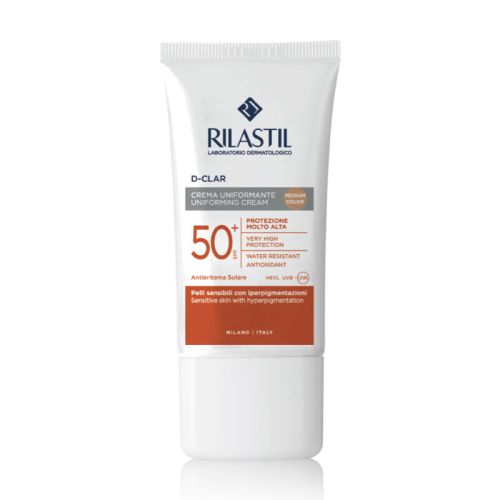 Rilastil Sun System D-CLAR tonirana krema spf 50+ za zaštitu kože sa hiperpigmentacijom od sunca. Za prevenciju nastanka novih fleka i izbeljivanje već postojećih.